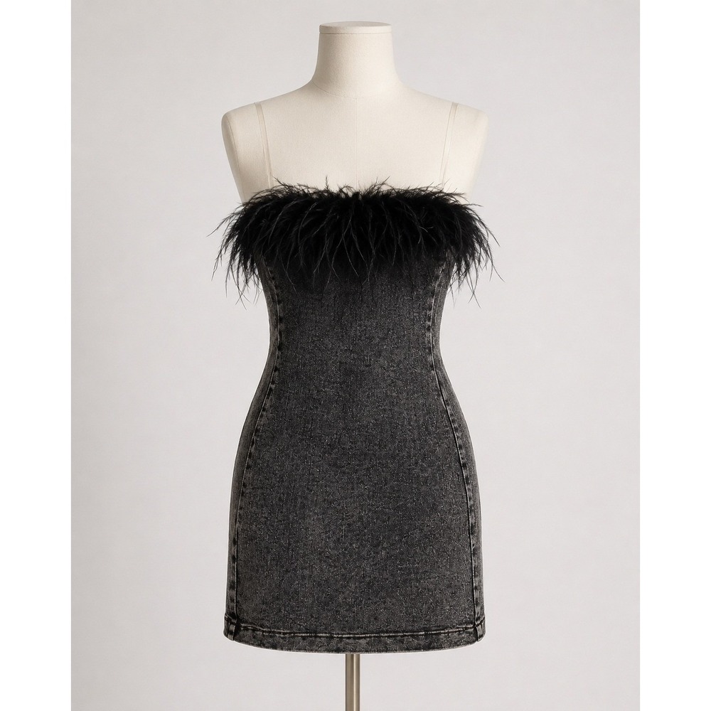 Salt Mini Dress Womens Medium Y2K Goth Glam Gray Acid Wash Feather Trim Bodycon